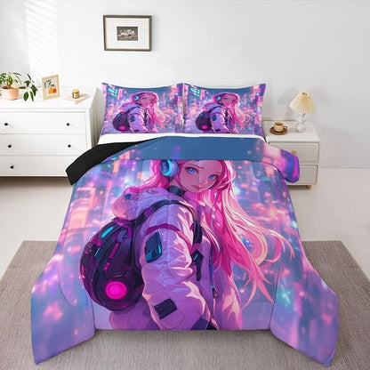 Erosebridal Anime Girl Twin Comforter Set Japanese Style 3D Anime Down Comforter for Kids Girls Boys Room Decor,Sci Fi Style Gaming Bedding Set Hot Pink Colorful Bed Duvet Insert