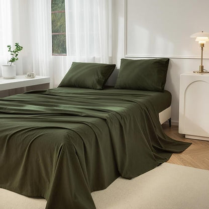 JIYUAN King Size Sheet Set, 4-Piece - 100% Washed Cotton, Linen-Like Soft & Breathable, Includes Deep Pocket Fitted & Flat Sheet with 2 Pillowcases, Hotel Quality, Solid Olive Green