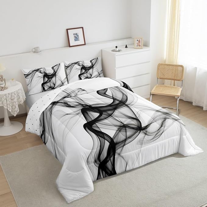 Erosebridal Geometric Quilt Insert Toddler Size Ink Line Bedding Set for Minimalists Gradient Stripe Aesthetic White Comforter Warm Soft Comforter Set