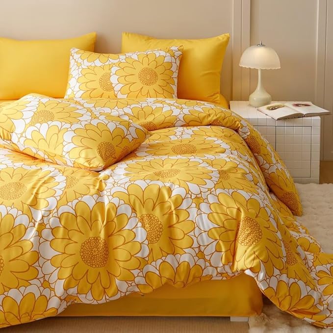 CLOTHKNOW Yellow Sunflower Queen Comforter Set Floral Bedding Comforter Sets Botanical Queen Comforter with 2 x Pillow Cases