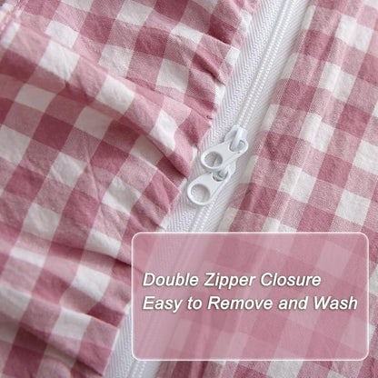 Vintage Pink/White Plaid Ruffle 3-Piece Duvet Cover Set King Size,Washed Cotton Shabby Gingham Checkered Bedding Set Farmhouse Comforter Set