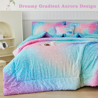 RYNGHIPY Twin Girls Comforter Set Colorful Rainbow Bed in A Bag for Girls Kids 6 Piece Ombre Galaxy Glitter Bedding Set