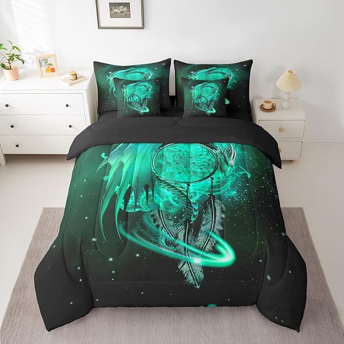Erosebridal Gothic Dragon Dream Catchers Bed in a Bag Queen Comforter Set 7 Piece,Teal Galaxy Bohemian Feather Bedding Sets Antique Animal Pterosaur Sheet Set with Comforter