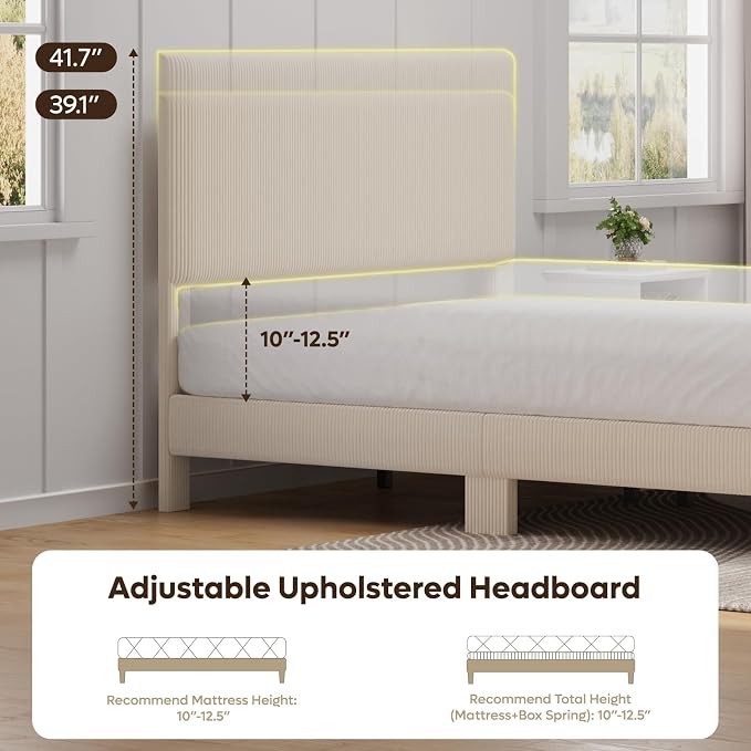 Bestier Queen Bed Frame with Headboard LED Lighting,Upholstered,Beige | Easy Assembly,LED Lighting Headboard,No Squeaks,Vertical Channel Corduroy Upholstered,Wood Slats Support,No Box Spring Needed