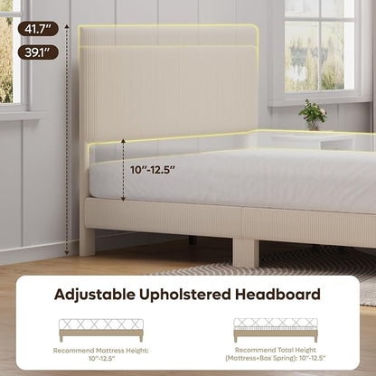 Bestier Queen Bed Frame with Headboard LED Lighting,Upholstered,Beige | Easy Assembly,LED Lighting Headboard,No Squeaks,Vertical Channel Corduroy Upholstered,Wood Slats Support,No Box Spring Needed