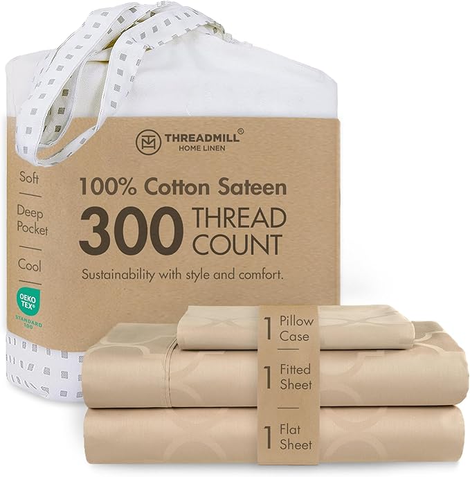 Threadmill Cotton Twin Sheet Set | 100% Cotton Sheets for Twin Size Bed | Damask Jacquard Sateen Twin Bed Sheets Set with 16” Deep Pocket | Soft Breathable 3-Piece Cooling Sheet Set | Beige