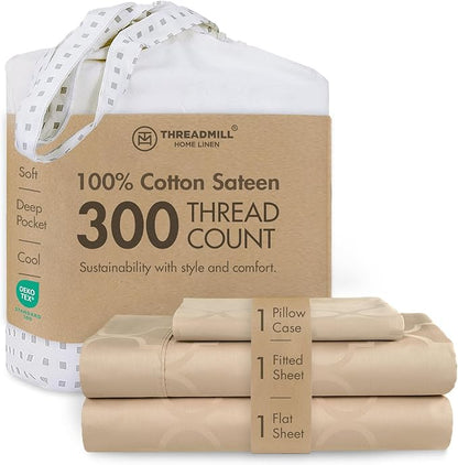 Threadmill Cotton Twin Sheet Set | 100% Cotton Sheets for Twin Size Bed | Damask Jacquard Sateen Twin Bed Sheets Set with 16” Deep Pocket | Soft Breathable 3-Piece Cooling Sheet Set | Beige