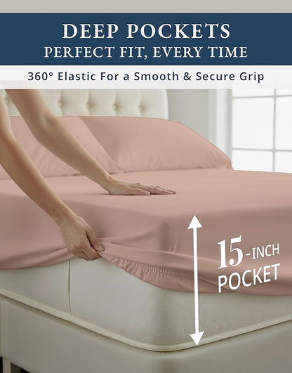 LANE LINEN Luxury 100% Egyptian Cotton Bed Sheets Twin Size, Fully Elasticized Reinforced 15 Inch Extra Deep Pocket Twin Sheets, Soft & Comfy Sateen Weave for Silky Finish - Sepia Rose