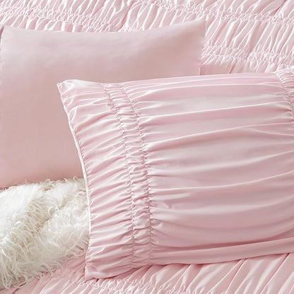 Intelligent Design Queen Comforter Set Ruched Shabby Chic Comforters for Queen Size Bed, All Season Lightweight Comforter Queen, French Country Bedding Set, Shams, Ella, Full/Queen, Pink 3 Piece