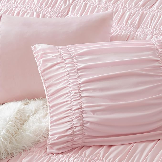 Intelligent Design King Comforter Set Ruched Shabby Chic Comforters for King Size Bed, All Season Lightweight Comforter King, French Country Bedding Set, Shams, Ella, King/Cal King, Pink 3 Piece