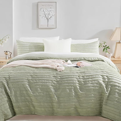 NEXHOME PRO Duvet Cover Full,3 Pieces Boho Tufted Duvet Cover Set, Soft and Lightweight 100% Washed Microfiber Comforter Cover Set for All Season(Sage Green,80 x 90)-No Comforter