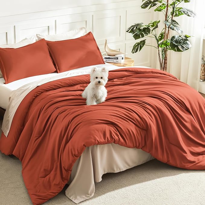 Litanika Oversized King Comforters Burnt Orange Super King Size, 3 Pieces Lightweight Solid Bedding Comforter Set, All Season Fluffy Bed Set (120x120In Comforter & 2 Pillowcases)