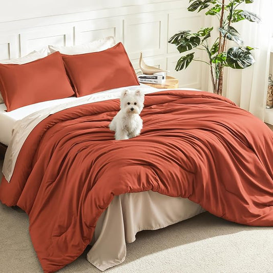 Litanika Comforters Burnt Orange Oversized King Size, 3 Pieces Lightweight Solid Bedding Comforter Set, All Season Fluffy Bed Set (120x98In Comforter & 2 Pillowcases)