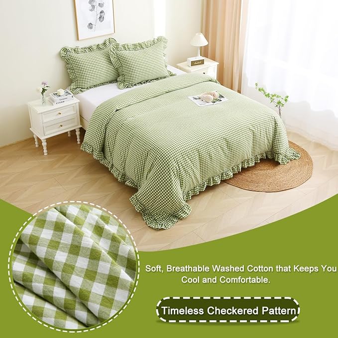 Olive Green/White Checkered Ruffle 3-Piece Duvet Cover Set Full Size,Washed Cotton Shabby Gingham Plaid Bedding Set Farmhouse Comforter Set(Full,Olive Green)
