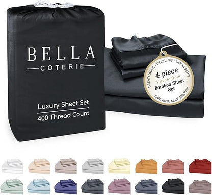 Bella Coterie Luxury Bamboo Viscose Cal King Size Sheet Set | 100% Organically Grown | Ultra Soft | Cooling for Hot Sleepers | 18" Deep Pocket [Black]
