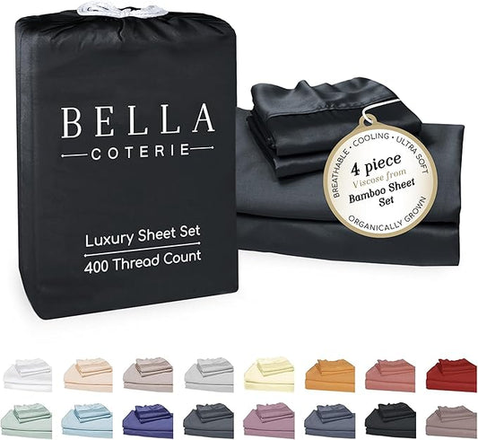 Bella Coterie Luxury Bamboo Viscose Cal King Size Sheet Set | 100% Organically Grown | Ultra Soft | Cooling for Hot Sleepers | 18" Deep Pocket [Black]