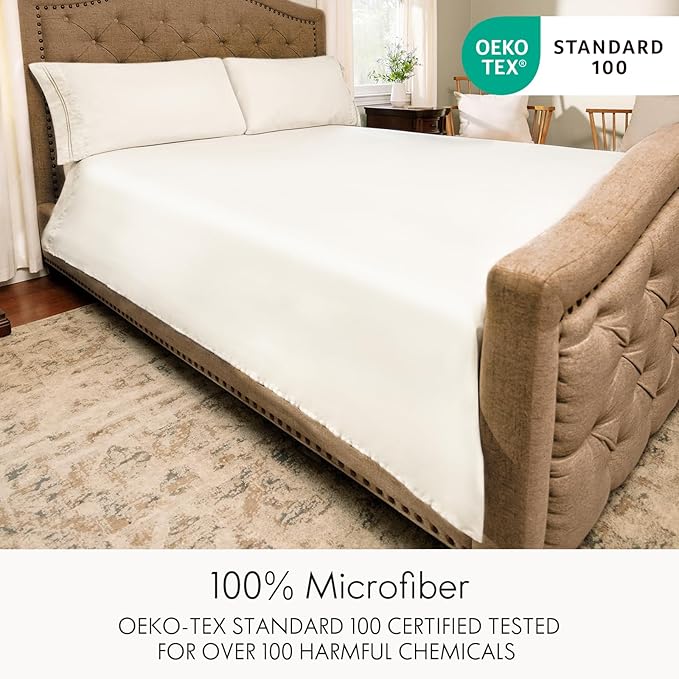 ClevaHome Full Size Sheet Set - 6 Piece Soft Breathable Luxury Bed Sheet Set - Shrinkage & Fade Resistant Embroidered Bedding Sheet with Deep Pocket, 2 Extra Pillowcases (Full, Crystal White)
