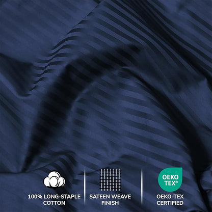 Feather & Stitch 500 TC Twin Size Damask Bed Sheet Set, 100% Cotton Soft Breathable Bedsheets, 3 Piece 18" Deep Pockets Sateen Weave Striped Bedding Mattress Resort Hotel Luxury - (Dark Blue Stripe)
