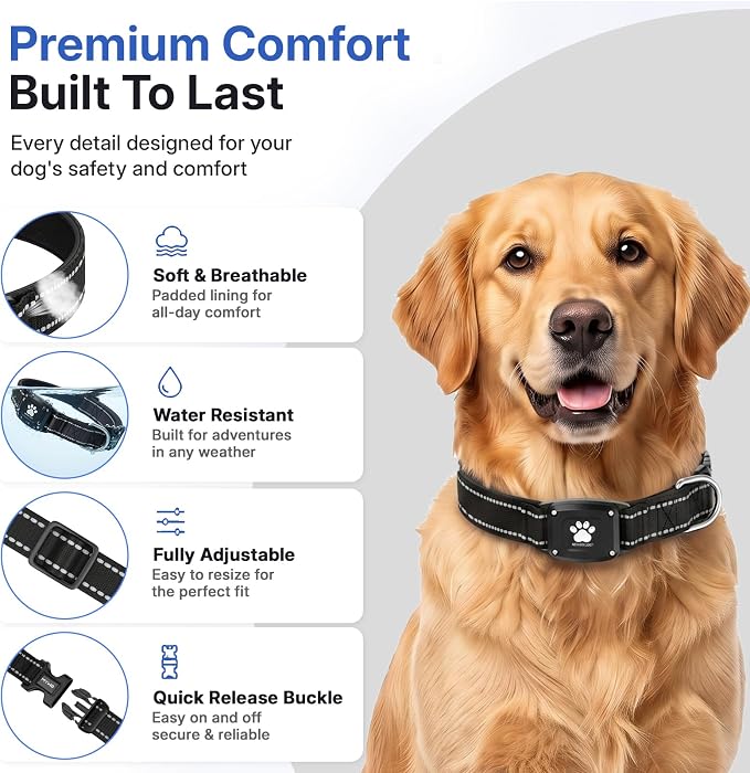 GPS Dog Collar Tracker 2-in-1,Reflective Waterproof Pet Collar,iOS-Only,No Monthly Fees,Unlimited Range,Dog Tracking Collar Pet Tracker,for Small Medium Large Dogs(S (12.5"-16"), Black)