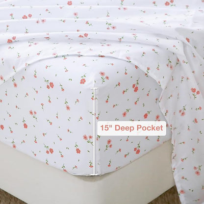 Softan Pink Floral Twin Size Sheet Set, 3 Pieces Single Bed Sheets for Girls, Cozy Microfiber Fitted Sheet with 15" Deep Pockets & Non-Slip Straps, Pink Flower Sheets & Pillowcase Set