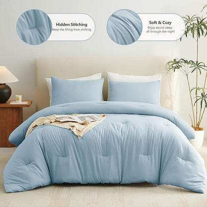 CozyLux Queen Comforter Set Light Blue, 3 Pieces Solid Comforters Queen Size Breathable Bedding Sets, Luxury Soft Lightweight Bed Set with Down Alternative Comforter and 2 Pillowcases for All Seasons