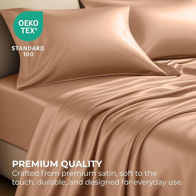 Satin Sheets Twin [3-Piece, Rose Gold] Hotel Luxury Silky Bed Sheets - Extra Soft 1800 Microfiber Sheet Set, Wrinkle, Fade, Stain Resistant - Deep Pocket Fitted Sheet, Flat Sheet, Pillow Cases