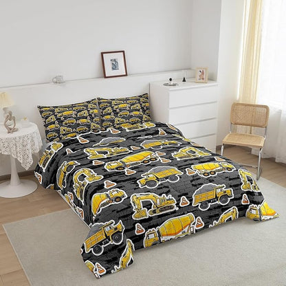 Erosebridal Excavator Comforter Set King Concrete Truck Pattern Bedding Set Child Teens Construction Down Comforter for Kids Boys Cartoon Toy Cars Quilt Set Bedroom Decor, Grey