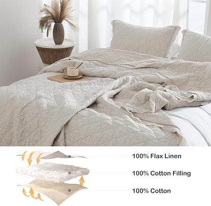 HORIMOTE HOME 100% Linen Front/100% Cotton Back Quilt Set Twin Size, Beige Pre-Washed European Flax Linen Quilt, Diamond Stitch Bedspread Coverlet Bedding Set 2-Piece for All Seasons