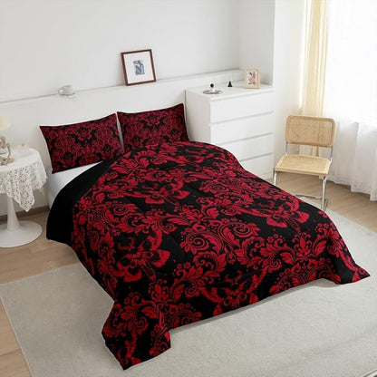 Feelyou Adults Red Vintage Damask Floral Comforter Set Oriental Antique Comforter Queen Size Gothic Bohemia Boho Flower Bedding Set Gothic Skull Duvet Set Quilt Set 3Pcs