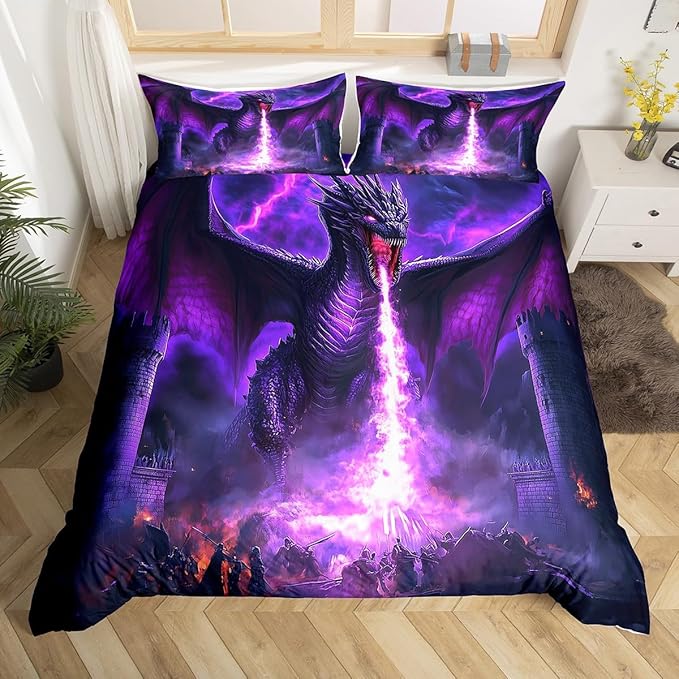 Feelyou Cool Dragon Bedding Set Full Size Kids Lightning Comforter Cover Set 3D Dragon War Mythology Themed Ancient Wildlife Fire Duvet Cover Nebula Bedspread Cover Room Decor Quilt Cover,No Comforter