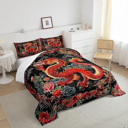 Castle Fairy Chinese Loong Kids Comforter Set,Watercolor Flowers Bedding Set All Season,Exotic Chinese Style Comforter 2 Pcs with 1 Pillowcase,Toddler Size
