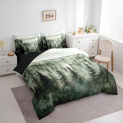 Erosebridal Smoky Mountain Bedding Set King Nature Forest Green Comforter Set 7 Piece Rustic Woodland Botanical Pine Tree Bed in A Bag for Kids Adults Natural Jungle Plants Sheet Set with Comforter