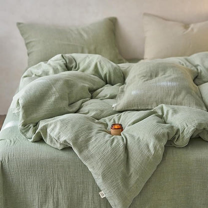 EAVD Solid Mint Green Duvet Cover Queen Soft Breathable 100% Cotton Muslin Linen Like Gauze Comforter Cover with 2 Pillowcases Modern Simple Mint Green Comforter Cover with Zipper Closure