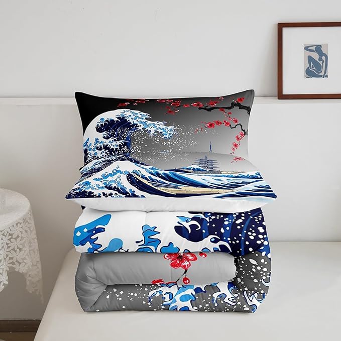 Castle Fairy Ukiyoe Ocean Wave Bedding Set King Size Japanese Style Comforter Set for Girls Boys Historical Building Boat Down Comforter Red Plum Blossom Flower Quilt Set with 2 Pillowcases