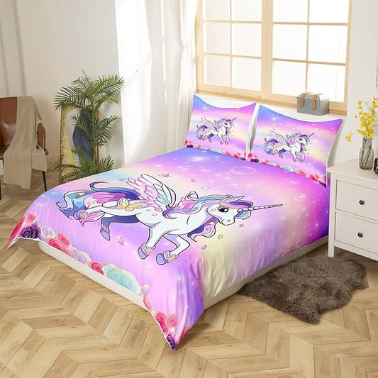 Kids Girls Unicorn Bedding Set Pink Purple Rainbow Duvet Cover Set Cartoon Unicorn Comforter Cover Rose Flowers Bedspread Cover Bedroom Quilt Cover Queen with 2 Pillowcase,No Comforter