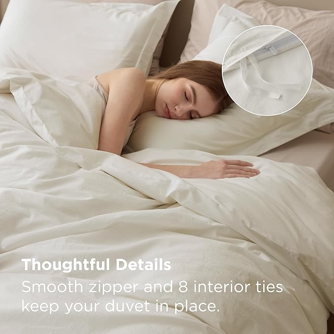 Bedsure 100% Washed Cotton Duvet Cover Full Size - Ivory Minimalist Bedding Set Linen Like - PureWoven Plain Simple & Soft Comforter Cover for All Seasons, 3 Pieces (Ivory, Full, 80"x90")