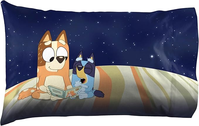 Jay Franco Kids Sheet Set with Fitted, Flat Sheets & Pillow Cover - Ultra-Soft Bedding with Pillowcase for Room Decor, Blue - Bluey & Bingo, 3 Piece Twin