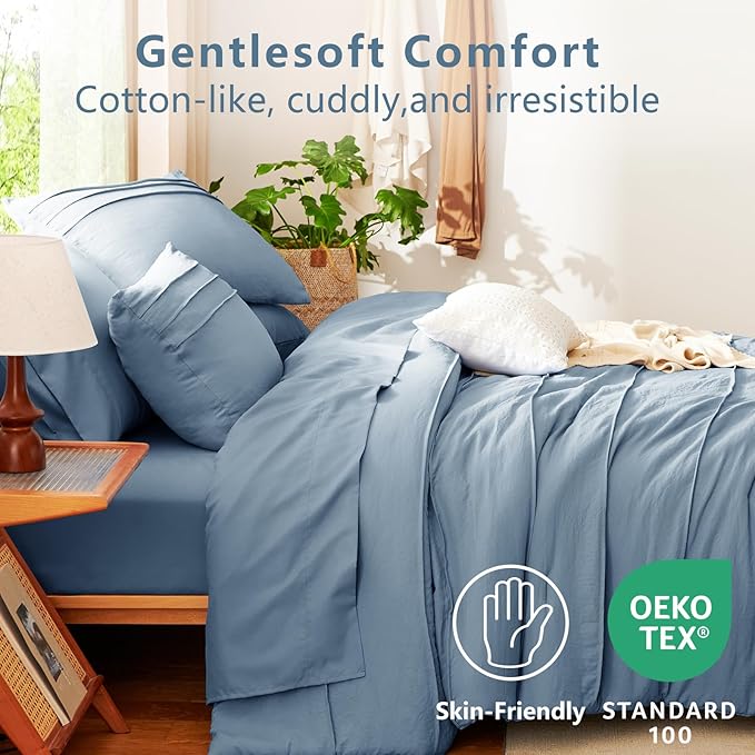 CozyLux Full Size Comforter Set Grayish Blue, 7 Pieces Soft Pinch Pleat Bed in a Bag Full Comforter Set with Sheets, Boho Bed Set with Down Alternative Comforter, Sheets, Pillowcases & Shams