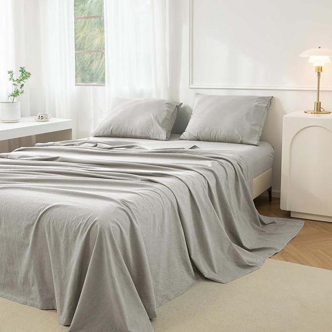 JIYUAN Queen Size Sheet Set, 4-Piece - 100% Washed Cotton, Linen-Like Soft & Breathable, Includes Deep Pocket Fitted & Flat Sheet with 2 Pillowcases, Hotel Quality, Heathered Pastel Grey