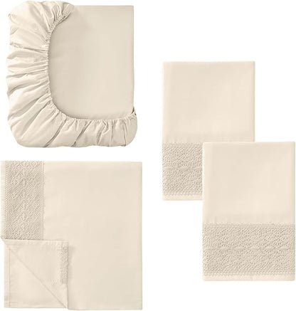 Modern Threads 4 Piece Microfiber Sheet Set – Soft Cooling Bed Sheets with Crochet Lace – Deep Pocket, Wrinkle Free, Breathable, Hotel Luxury Bedding, Beige, Queen