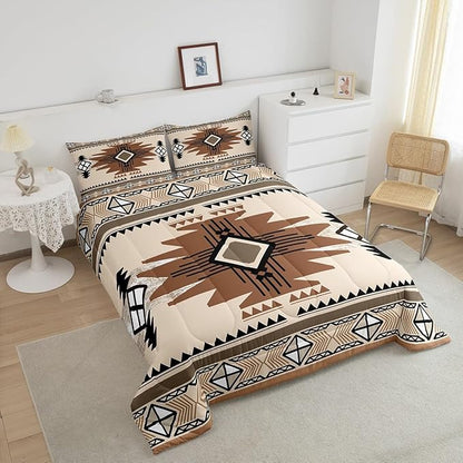 Feelyou Boho Comforter Set Toddler Size Southwest Native American Design Comforter Southwestern Geometric Bedding Set Western Decor Duvet Set Beige Brown Quilt Set