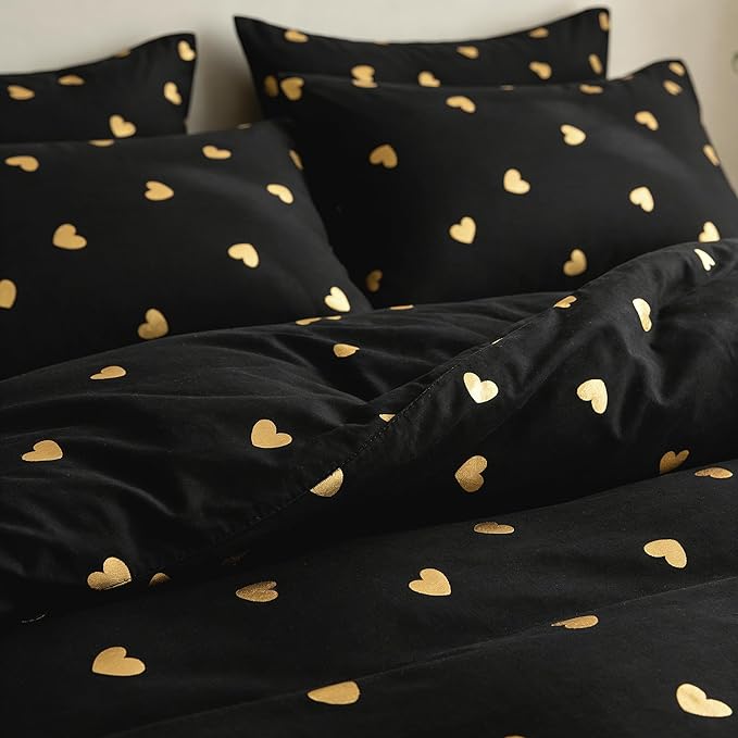 Heart Comforter Set Queen 3 Pieces Black Gold Love Heart Bedding Set for Girls Boys Modern Aesthetic Comforter with 2 Pillowcases, Lightweight Soft 100% Microfiber