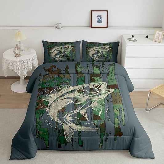 Feelyou Bass Fish Comforter Set Full Size Green Camouflage Bedding Set for Fishing Lover Gifts Boys Girls Camo Pike Fish Fishing Comforter Wild Fisherman Bed Set Rustic Cabin Bedroom Decor