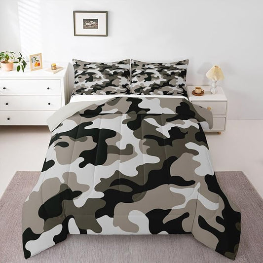 Camouflage Comforter Set Grey Camo Bedding Sets King Size Militarily Army Down Comforter For Boys Teens Men Adult Tie Dye Retro Geometric Warm Soft Quilted Duvet 3Pcs Bedroom Decor, All Season