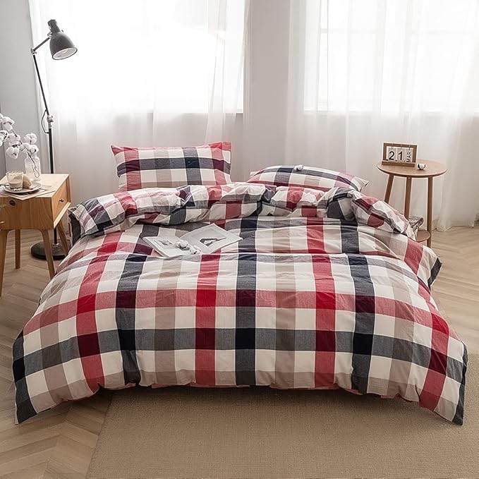 FACE TWO FACE Bedding Duvet Cover Set100% Washed Cotton Duvet Cover Linen Like Textured Breathable Durable Soft Comfy (California King, Blue red Grid)