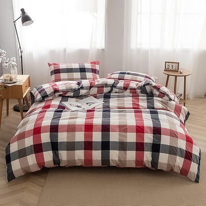 FACE TWO FACE Bedding Duvet Cover Set100% Washed Cotton Duvet Cover Linen Like Textured Breathable Durable Soft Comfy (California King, Blue red Grid)