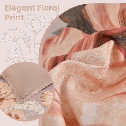 Queen Comforter Set - 7 Pieces Bed in a Bag Khaki Floral Queen Comforter Set with Sheets, Soft Microfiber Flower Complete Bedding Set for All Seasons（Khaki,90"x90"）