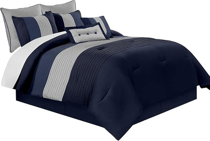 Chezmoi Collection Loft 8-Piece Luxury Striped Comforter Set (King, Navy/Gray/Blue)