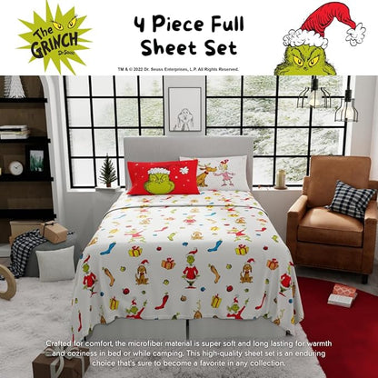 Collectibles Dr. Seuss The Grinch Holiday & Christmas Bedding Super Soft Microfiber 4 Piece Full Sheet Set, (Officially Licensed Product) by Franco