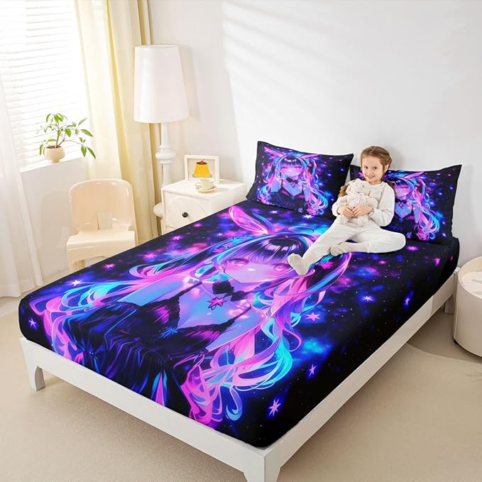 Erosebridal 3D Mushroom Girls Sheets for Boys Girls Japanese Modern Fashion Fitted Sheet,Abstract Graffiti Kids Bedding Sets Watercolor Aesthetic Bed Sets Full 3 Piece